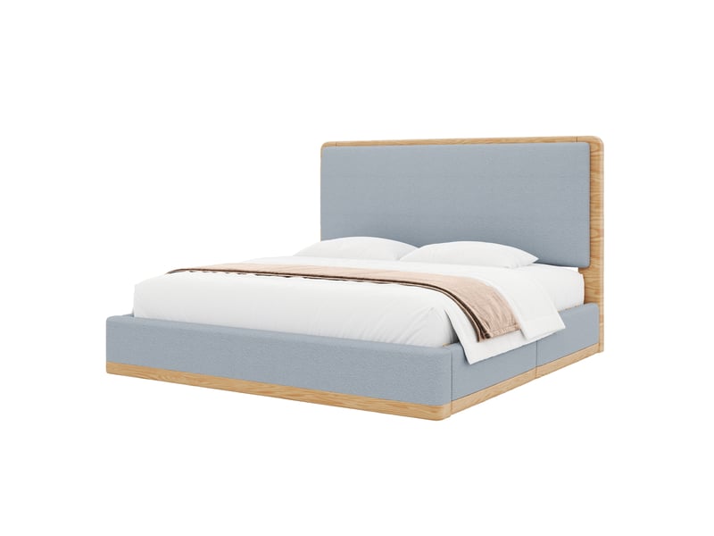  Lit rembourré 180x200 cm en tissu teddy, tête de lit matelassée avec coutures décoratives, cadre mdf et sommier à lattes, style naturel gris et bois  - Conforama A