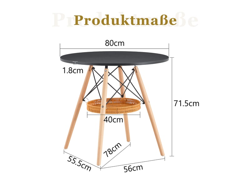  Table à manger ronde, d80 cm, avec panier de espace de rangement suspendu meuble, pratique, mdf et bois, coloris noir  - Conforama C