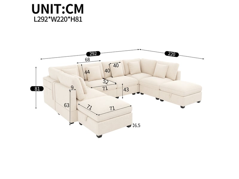  Canapé d'angle modulable,8 places, inclut 2 poufs mobiles avec coffre de rangement,292 × 220 × 81 cm,beige  - Conforama C