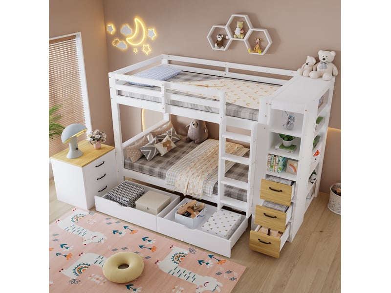 Lit superposé 90 x 200 cm blanc et naturel avec rangements, échelle et chevet - Conforama E