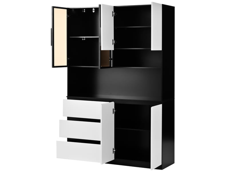  Buffet de cuisine grand vaisselier 120.5x40x180 cm – avec éclairage led multicolore, niche micro-ondes et vitrine - mdf - blanc et noir  - Conforama A