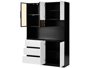 Buffet de cuisine grand vaisselier 120.5x40x180 cm – avec éclairage led multicolore, niche micro-ondes et vitrine - mdf - blanc et noir