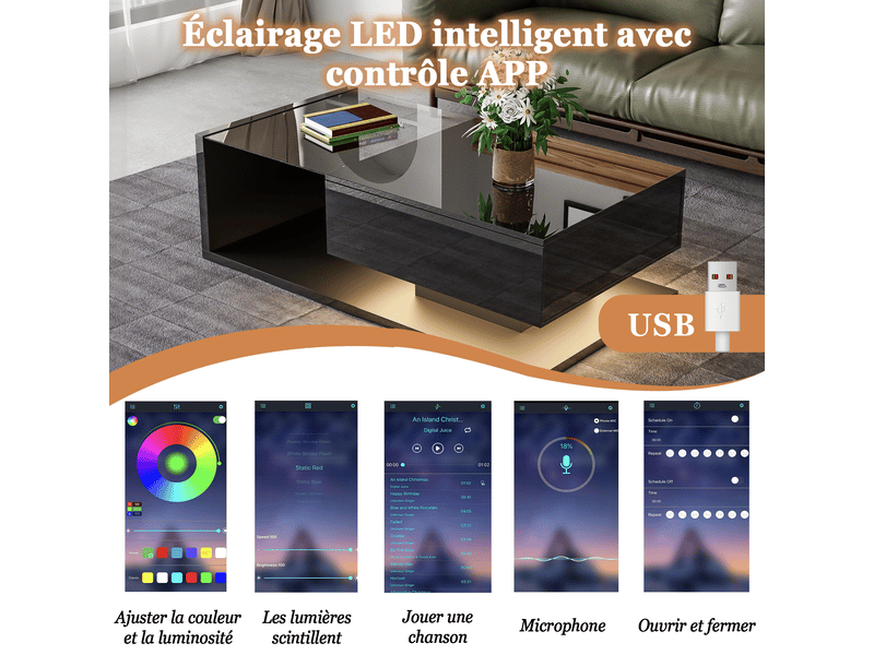  Table basse noire brillante en verre et led, rangement intégré  - Conforama C