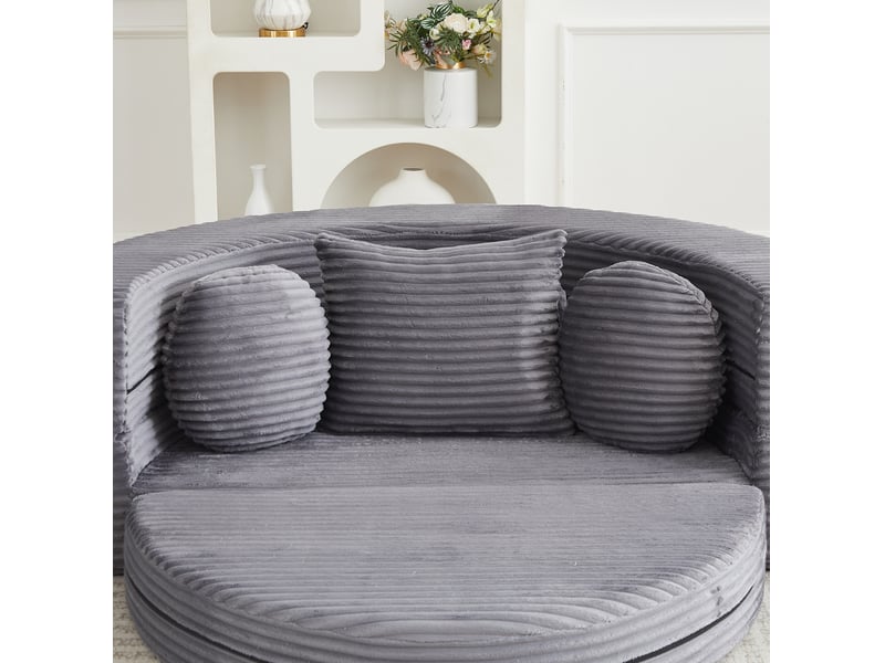  Canapé convertible 4-en-1 modulable en méridienne ronde, avec trois coussins, en velours côtelé gris  - Conforama E