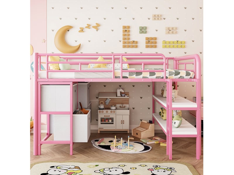  Lit mezzanine enfant 90 x 200 cm avec rangements, escalier et cadre rose  - Conforama D