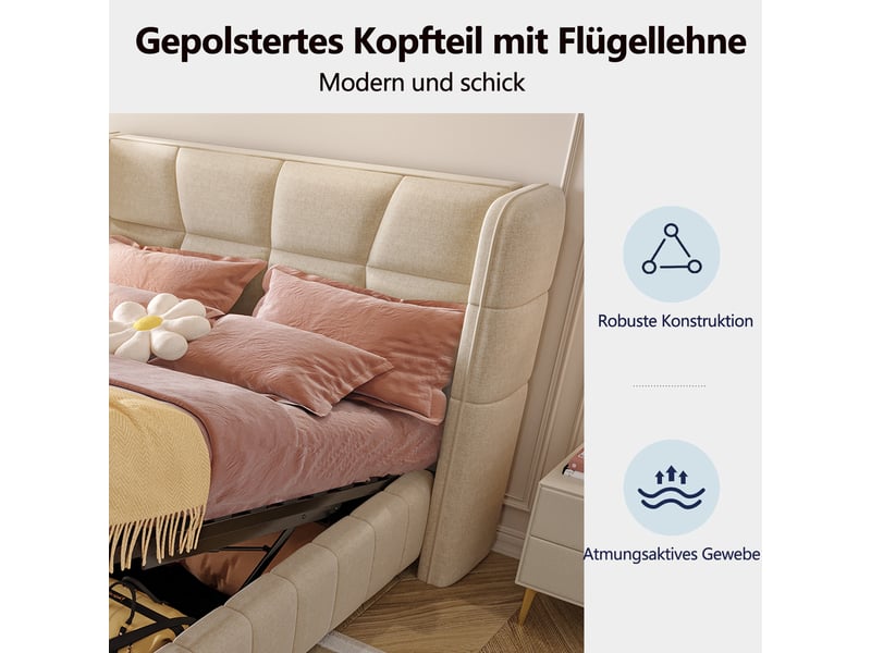  Lit rembourré, lit enfant 90x200 cm, rangement hydraulique, sommier à lattes, lin beige  - Conforama R