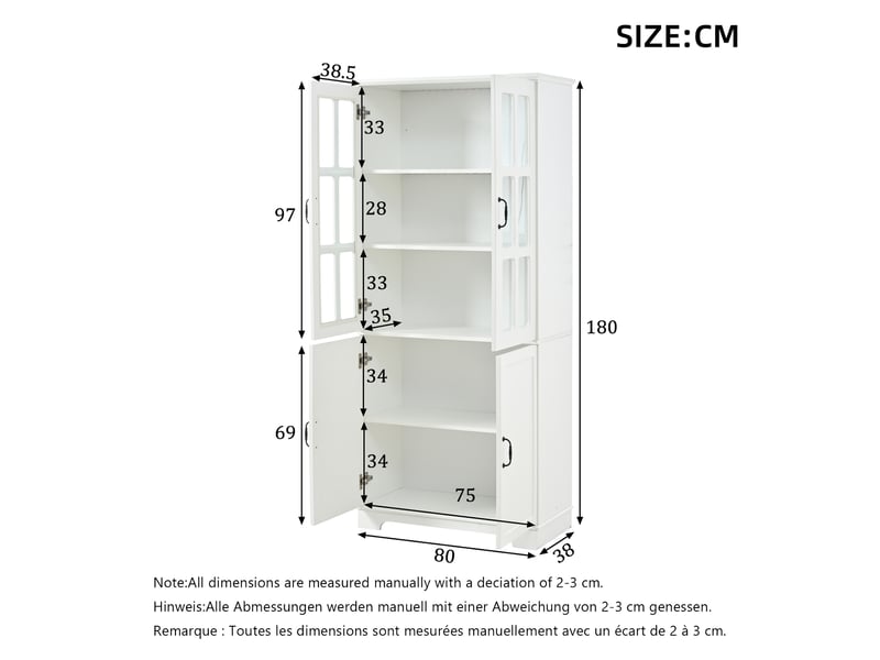  Vitrine avec 4 portes dont 2 en verre et 5 étagères, style campagne, pour salon ou cuisine, blanc, 80 × 38 × 180 cm  - Conforama D