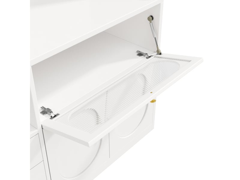  Meuble haut de cuisine 120 cm avec éclairage rgb, portes vitrées coulissantes, casier à bouteilles, 3 tiroirs, blanc  - Conforama E