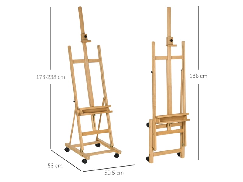 Chevalet d'artiste réglable,50,5x53x178-238 cm,4 roulettes,bois,naturel - Conforama C