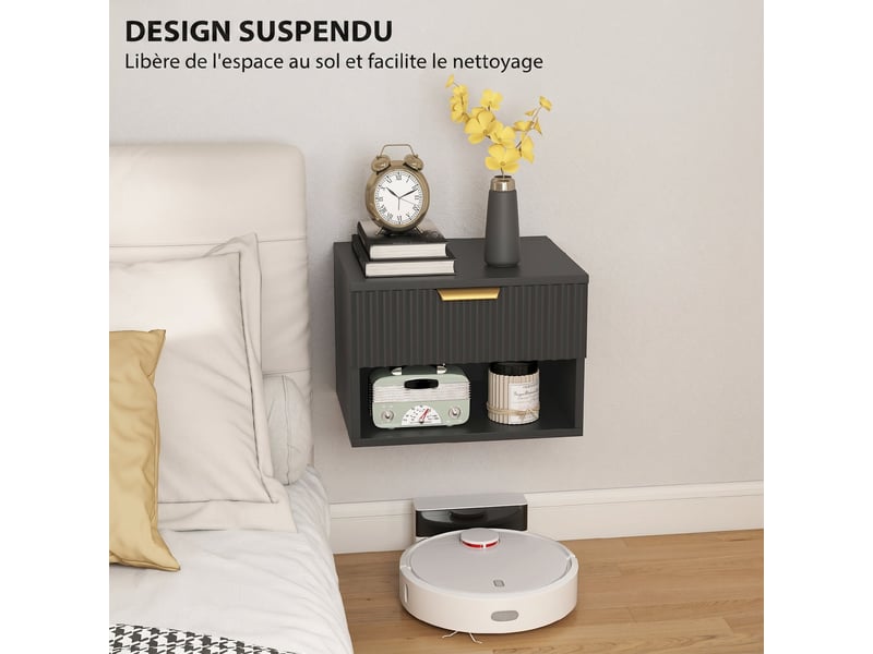  Lot de 2 tables de chevet suspendues 40 x 34 x 29 cm tiroir à fermeture douce design flottant moderne épuré en mdf noir 21_0003761  - Conforama E