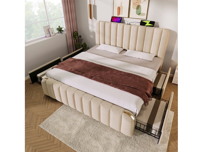  Lit double avec tête de lit capitonnée, port usb type-c et 4 tiroirs, en lin beige 180 × 200 cm  - Conforama E