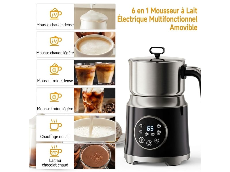  Mousseur à lait électrique 6-en-1 600w 1,2l – émulsionneur à induction verseuse inox amovible compatible lave-vaisselle, écran tactile led et fonction chocolat chaud – noir et inox  - Conforama C