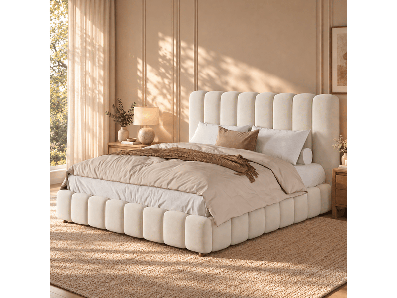  Lit double 200x200 cm, lit adulte en velours beige avec sommier à lattes, sans matelas  - Conforama W