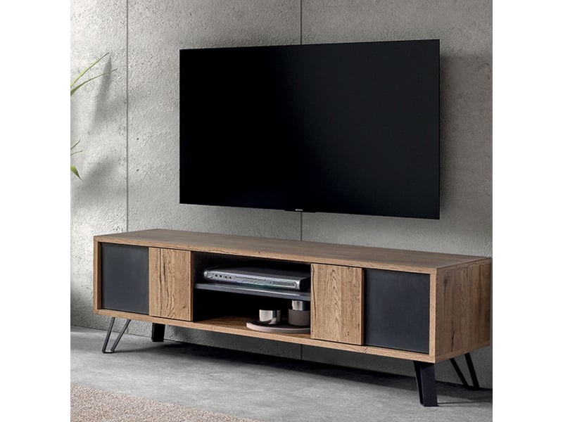  Meuble tv 2 portes 2 niches aspect chêne miel et noir mat - sélène SÉLÈNE - Conforama B
