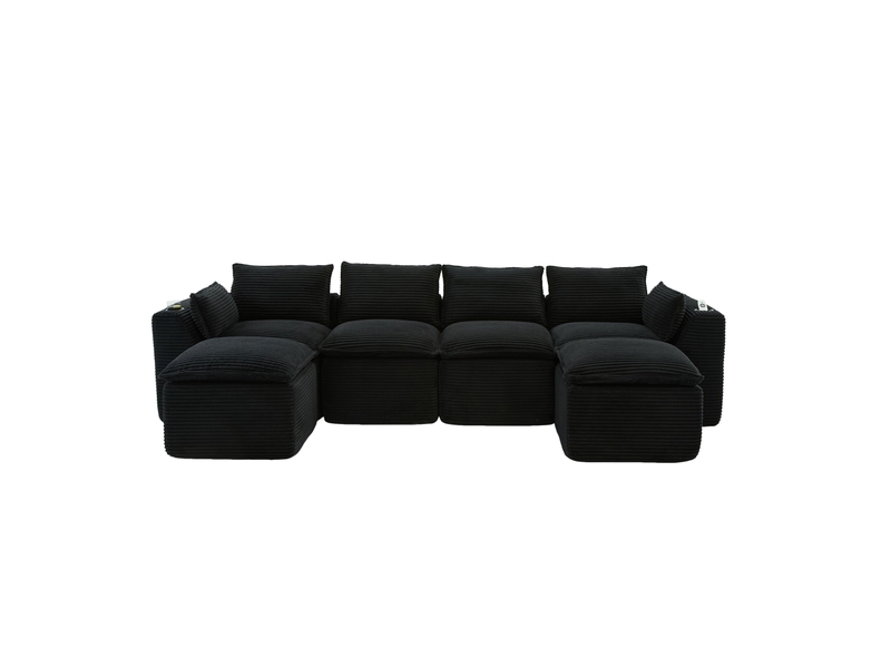  Canapé modulable 4 places en velours côtelé noir avec 2 poufs, 2 poches latérales et porte-gobelets  - Conforama A