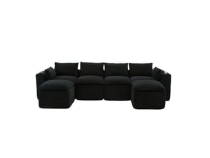 Canapé modulable 4 places en velours côtelé noir avec 2 poufs, 2 poches latérales et porte-gobelets