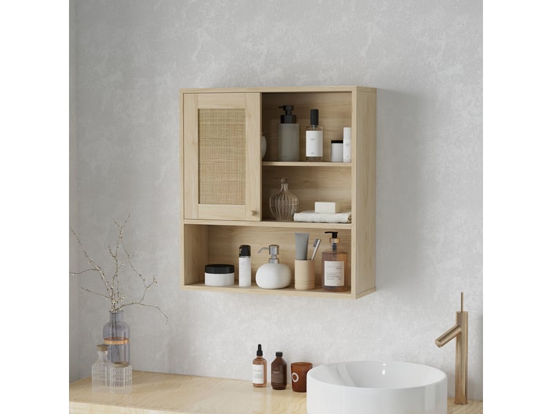  Armoire murale salle de bain, porte coulissante en rotin, bois naturel, 60 x 19,8 x 65 cm  - Conforama C