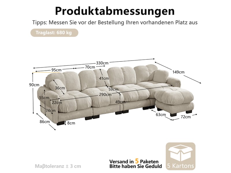  Canapé d’angle 4 places modulable 330x149x90 cm, canapé salon séjour familial avec ottomane déplaçable, chenille, kaki clair  - Conforama C