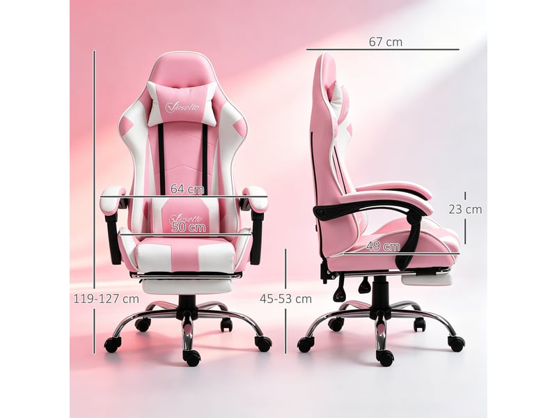  Fauteuil de jeu ergonomique inclinable avec appui-tête, coussin lombaire et hauteur réglable, rose et blanc  - Conforama E