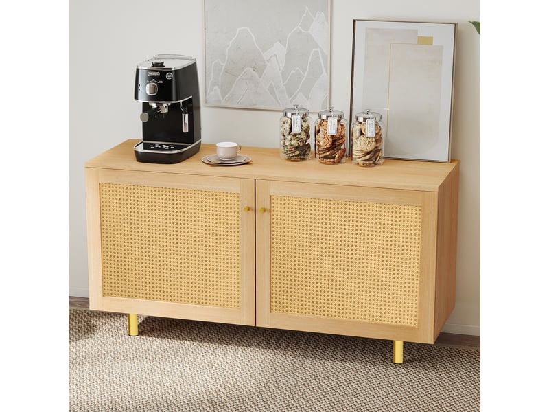 Buffet à 2 portes en rotin tressé avec étagère de rangement en mdf pour salle à manger naturel - Conforama C