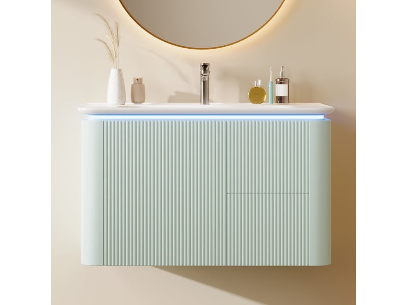  Meuble sous vasque avec 4 tiroirs, lavabo intégré et led à détecteur pour salle de bain 80,5×47,5×51 cm vert  - Conforama B