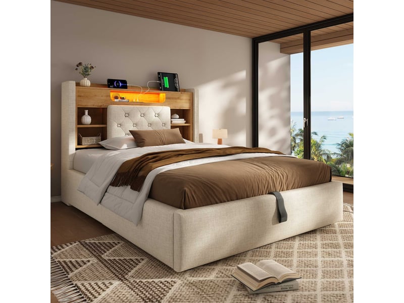  Lit coffre 90x200cm, led, usbtype-c, tête de lit avec étagère, sommier, lin beige, sans matelas C-DEGAYUN - Conforama B
