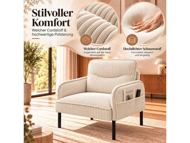 Fauteuil de salon - fauteuil 1 place en velours tricoté avec accoudoirs et poches latérales, petit fauteuil rembourré, beige - Conforama C