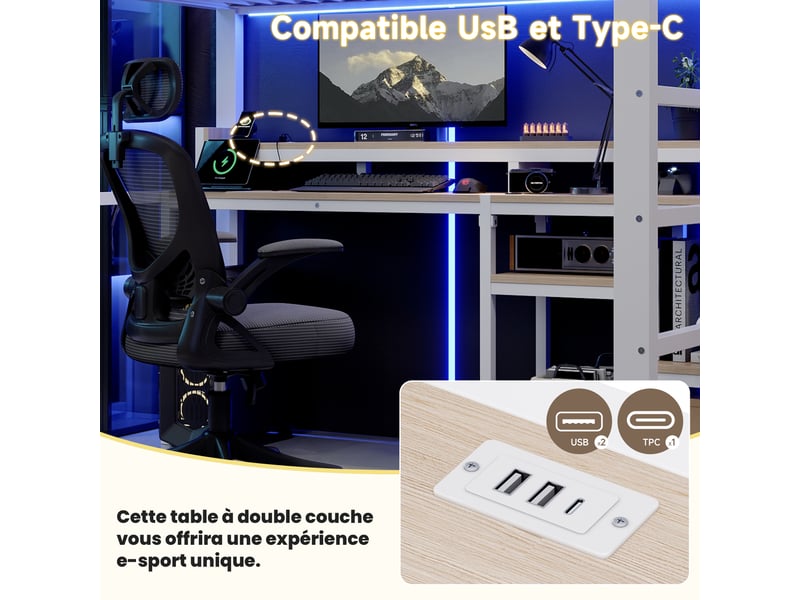 Lit mezzanine enfant 140x200 cm, escalier-armoire, étagères, led, usb et type-c, espace inférieur ouvert, métal blanc Radiant Stride - Conforama E