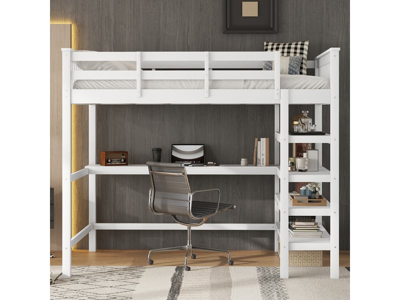  Lit mezzanine 140x200 avec bureau et étagères, lit mezzanine enfant blanc en bois massif, cadre de lit sans matelas, 207x149x169.5cm.  - Conforama D
