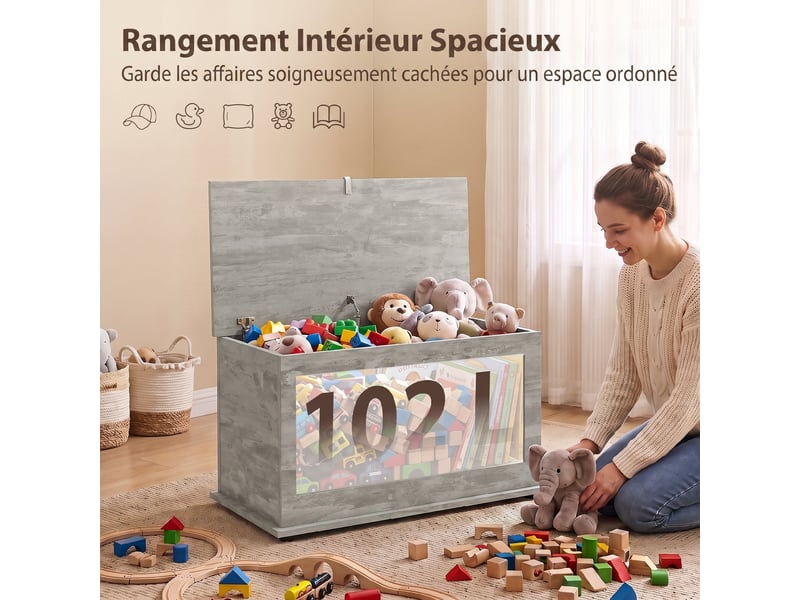  Coffre de rangement avec couvercle rabattable gris 80 x 40 x 45 cm  - Conforama E