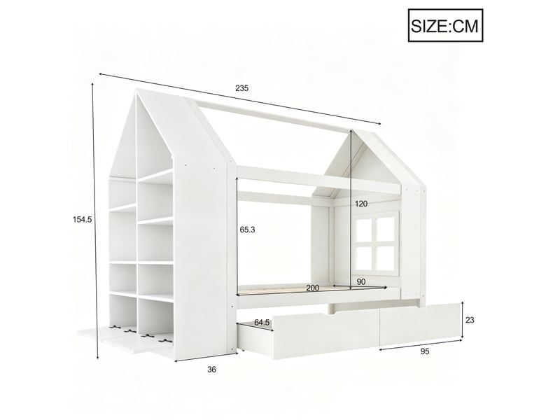 Lit cabane enfant 90 × 200 cm avec 2 tiroirs, led, rangements ouverts, sans matelas, blanc - Conforama E
