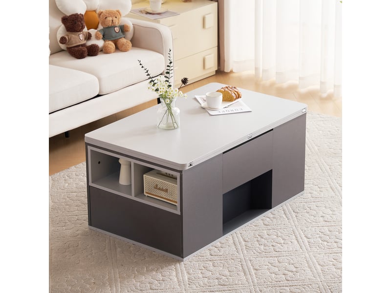  Table basse multifonctionnelle relevable - plateau dépliable pour former 2 tables, gris foncé + gris clair, grande capacité, meuble de salon moderne, table d'appointtable de salle à mangerbureau  - Conforama B