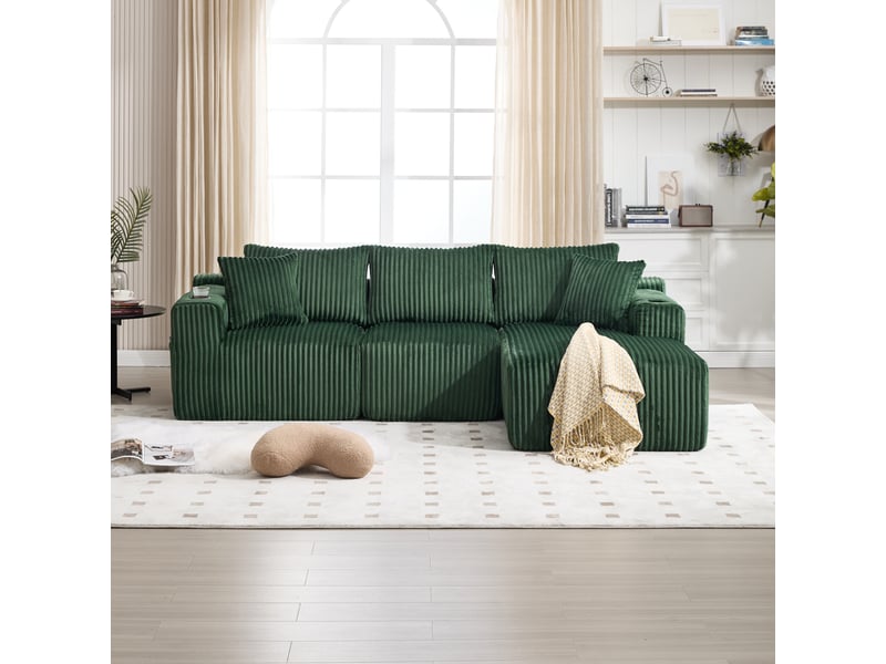  Canapé d'angle modulable ulevr 3 places avec chaise longue, poches latérales et porte-gobelets, 257 x 160 cm, velours côtelé vert émeraude  - Conforama B