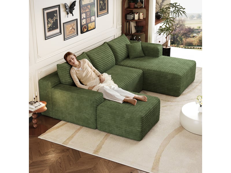 Canapé d’angle vert 4 places en velours côtelé, canapé en l de 241 cm avec méridienne et assise profonde pour le salon - Conforama R