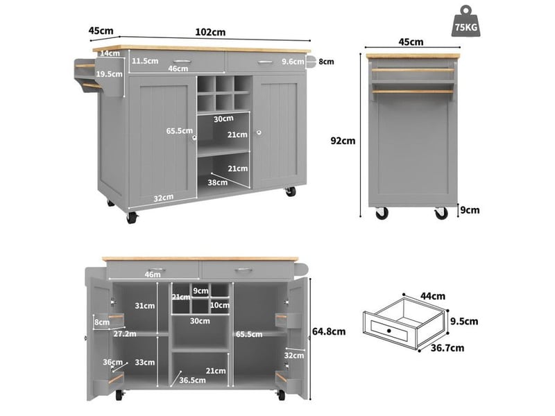  Îlot de cuisine - moderne - gris - mdf &amp; métal - rangement flexible - roulettes 360°  - Conforama E