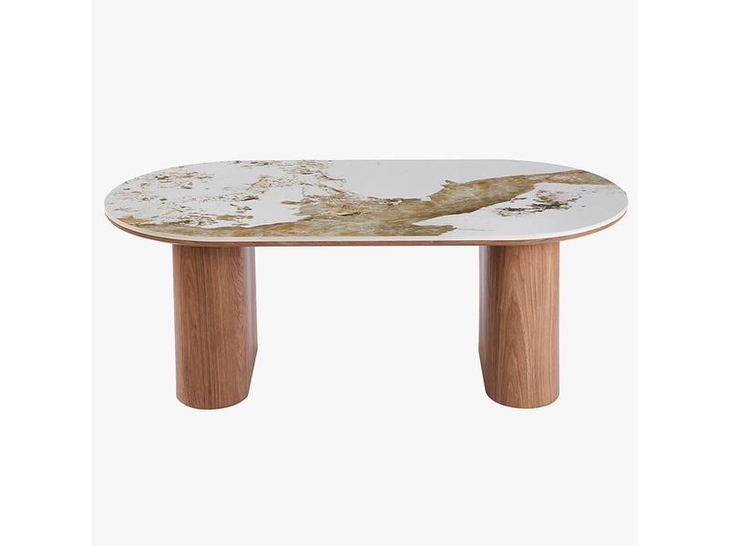  Table basse en pierre frittée blanc pieds couleur bois clair  - Conforama C