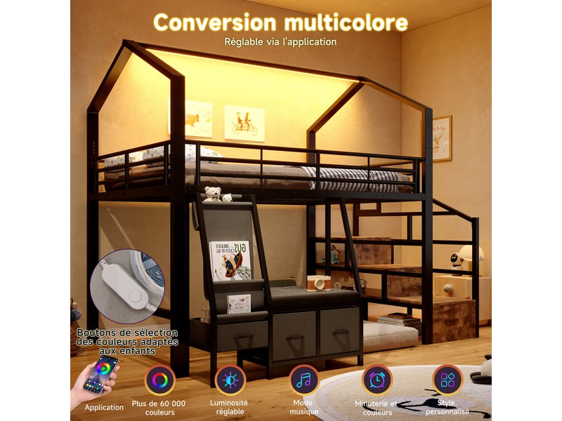 Lit mezzanine 140x200 cm, lit combiné, tiroirs de rangement, échelle, rangements intégrés, éclairage led, support à lattes stable, mdf et métal noir CozyNest - Conforama E