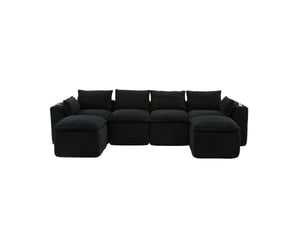Canapé modulaire 4 places 322x161x75 cm avec 2 poufs, 2 poches latérales, porte-gobelets, velours côtelé noir