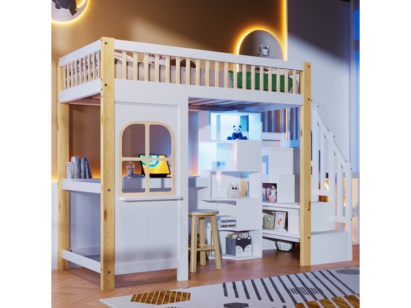 Lit mezzanine, 90 × 200 cm, blanc et naturel, pin, bureau intégré, éclairage led, rangements intégrés, garde-corps, sans matelas - Conforama B