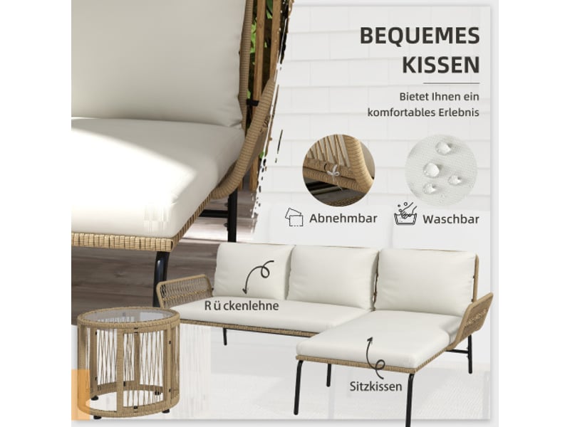  Salon de jardin en rotin, 2 places, chaise longue, table basse, coussins crème, terrasse et balcon  - Conforama D