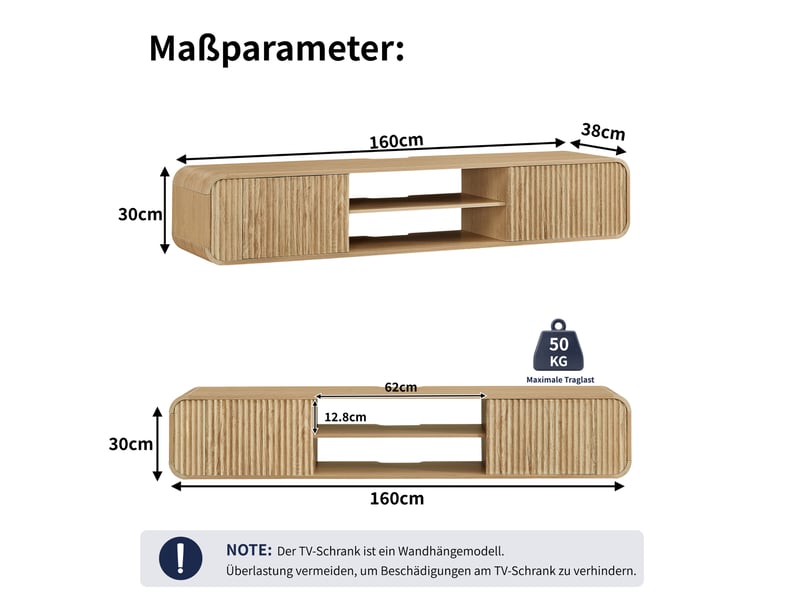  Meuble tv mural 160 x 38 x 30 cm – naturel – rangements ouverts, passe-câbles et portes à relief vertical  - Conforama C
