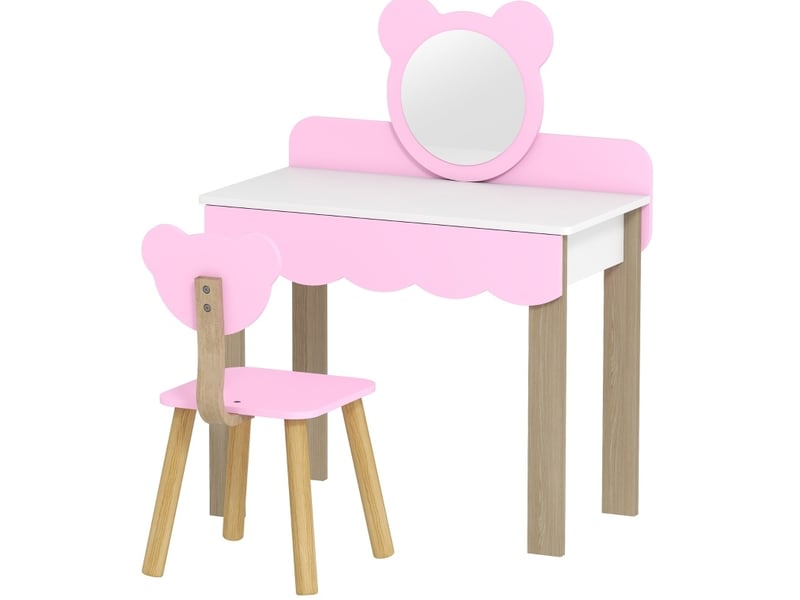  Coiffeuse enfant avec tabouret 68 x 35 x 86 cm rose en mdf, miroir acrylique et tiroir de rangement  - Conforama D