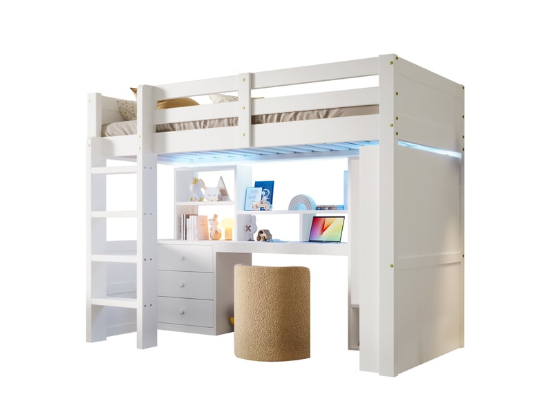  Modenvie lit mezzanine 90x200 cm - avec led, bureau et rangement, sans matelas - blanc  - Conforama A