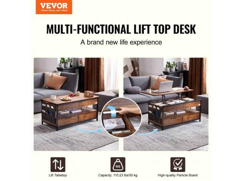  Table basse avec plateau relevable, 1000 mm, table basse de salon rectangulaire avec poche de rangement supplémentaire, table basse escamotable avec multiprise, usb, éclairage d'ambiance, marron  - Conforama C