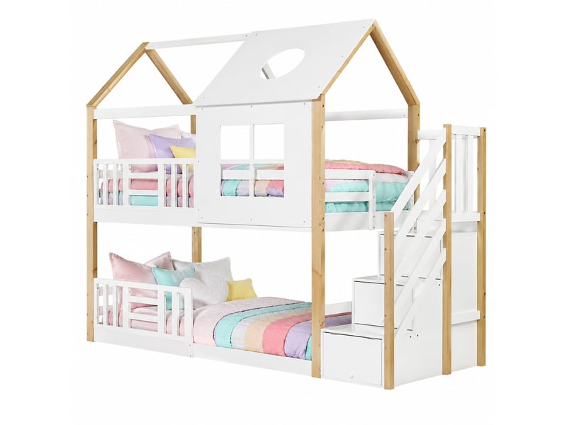 Lit superposé enfant 90x200 cm – blanc et naturel – escalier de rangement, toit et fenêtres – sans matelas - Conforama A