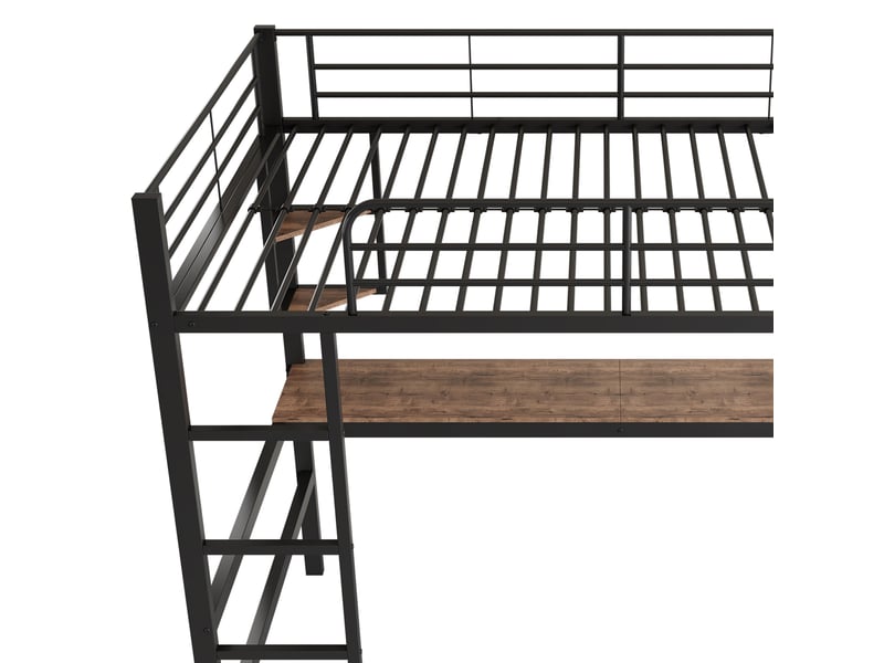  Lit mezzanine 200×90 cm avec bureau, étagères et bibliothèque, structure en métal et mdf noir  - Conforama E