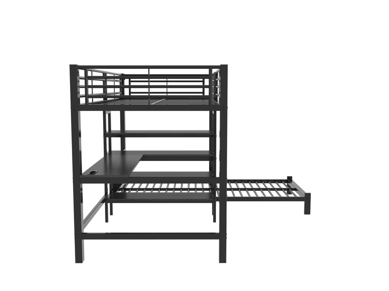  Lit superposé 90 × 200 cm 2 places avec bureau, 4 rangements, prises usb et usb-c, sans matelas, noir  - Conforama E