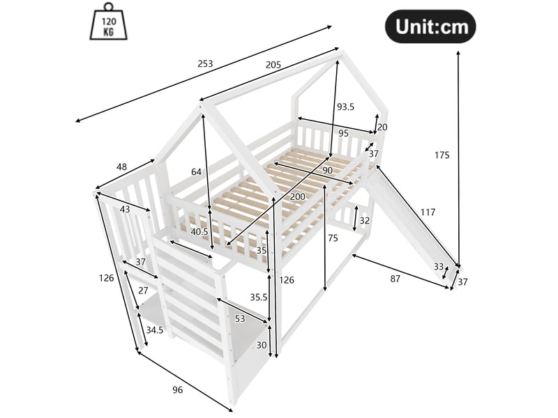  Lit superposé enfant 90x200 cm avec escalier de rangement et toboggan blanc  - Conforama C