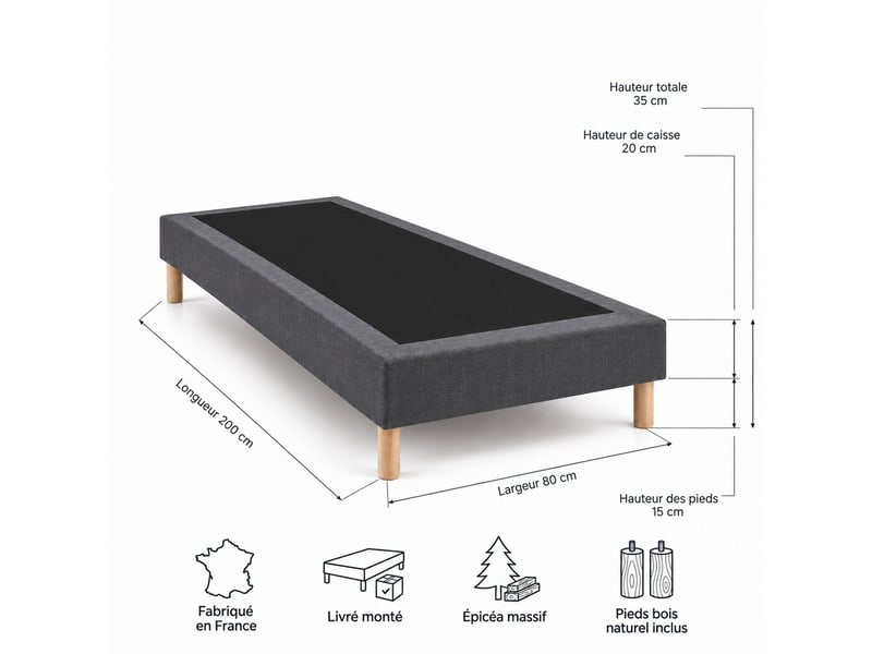  Sommier tapissier déco 80x200 cm gris - hauteur 35 cm - caisse 20 cm - pieds inclus  - Conforama E