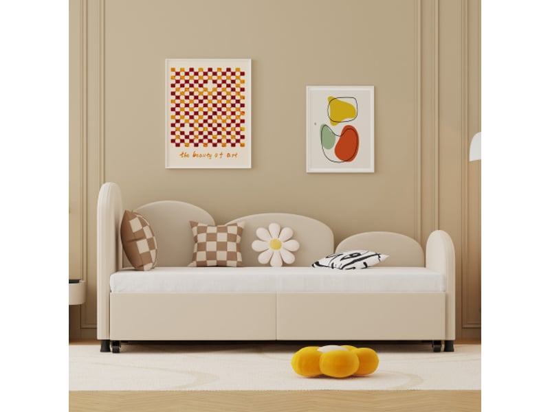  Lit enfant 90x200 cm, avec tiroir et tête de lit, en métal, beige, sans matelas  - Conforama C